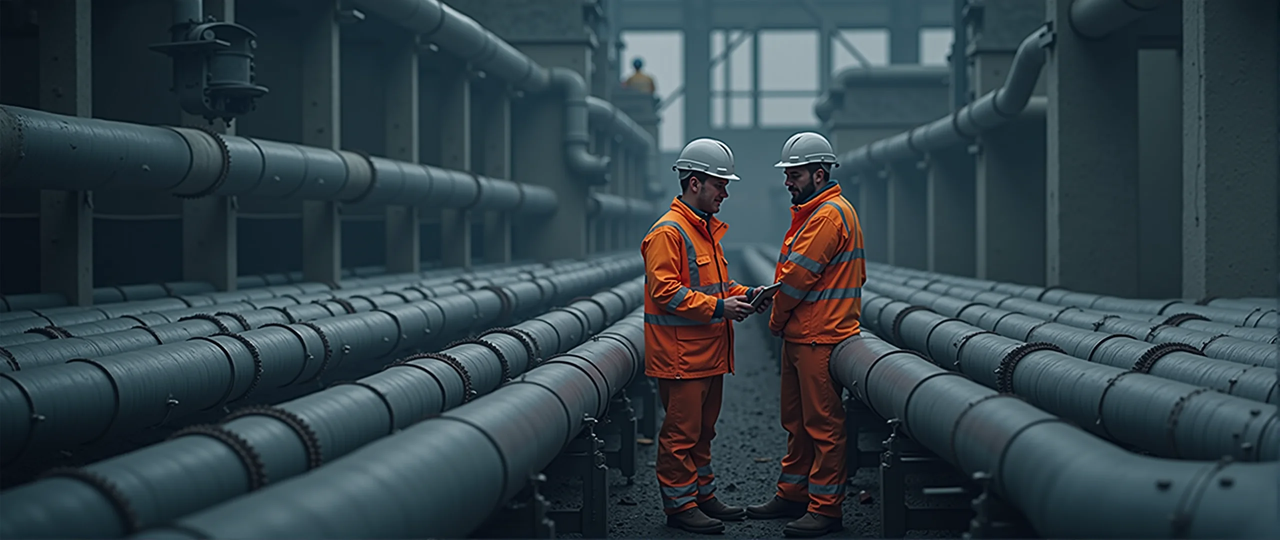 Multi-discipline mechanical installation in progress at a Belgian industrial site with insulated process piping and technicians