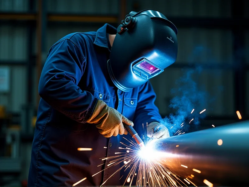 Certified welder in full PPE performing TIG welding on large-diameter stainless steel pipe